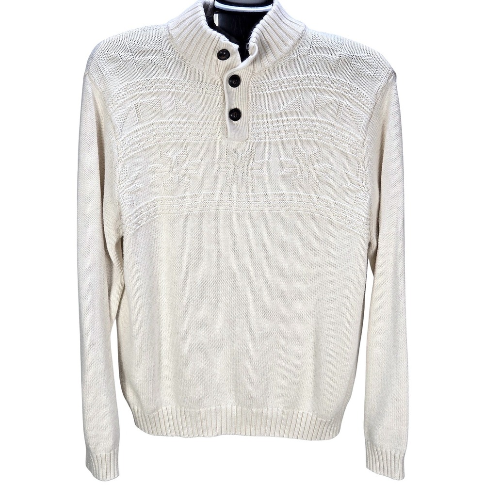 Men's Chaps Large Cream Cotton Mock Neck Button Fair Isle Sweater Old Money
